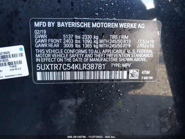 BMW X3 Sdrive30i 2019 5UXTR7C54KLR38781 Image 9