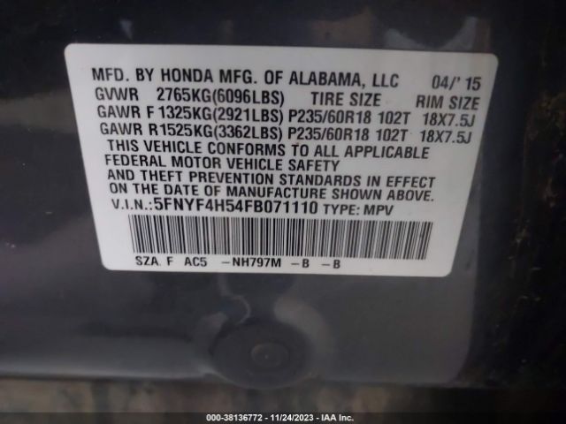 5FNYF4H54FB071110 Honda Pilot Ex-l