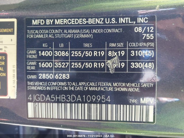 2013 MERCEDES-BENZ ML 350 4MATIC VIN: 4JGDA5HB3DA109954