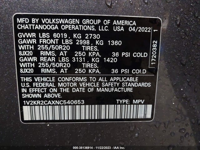 1V2KR2CAXNC540653 Volkswagen Atlas 3.6l V6 Se W/technology