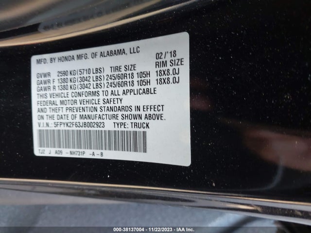 Honda Ridgeline Rtl-t 2018 5FPYK2F63JB002923 Image 9