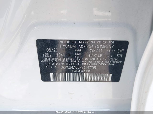 2022 HYUNDAI ACCENT SEL VIN: 3KPC24A65NE156258
