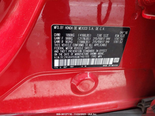 Honda HR-V EX 2016 3CZRU6H59GM746155 Image 9