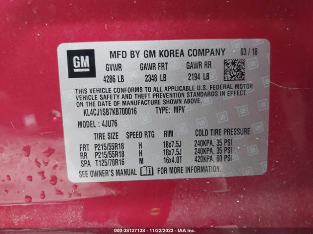 KL4CJ1SB7KB700016 Buick Encore Fwd Sport Touring