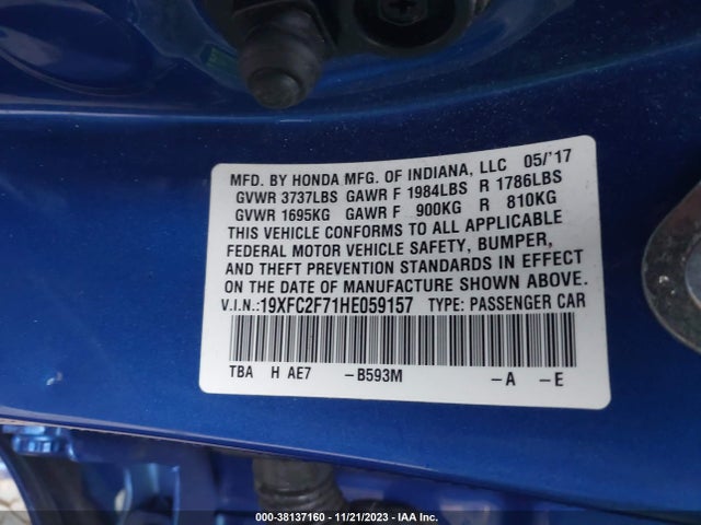 Honda CIVIC EX 2017 19XFC2F71HE059157 Image 9