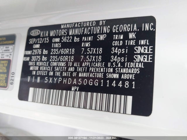 KIA Sorento 3.3l Ex 2016 5XYPHDA50GG114481 Image 9