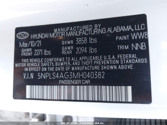 2021 HYUNDAI ELANTRA SEL VIN: 5NPLS4AG3MH040382