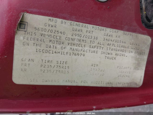 1990 CHEVROLET GMT-400 C1500 VIN: 1GCDC14H1LE176979