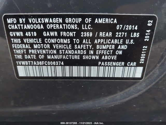 2015 VOLKSWAGEN PASSAT 1.8T SPORT VIN: 1VWBT7A36FC006374