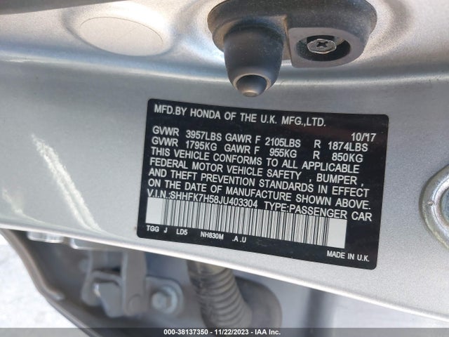 2018 HONDA CIVIC EX VIN: SHHFK7H58JU403304