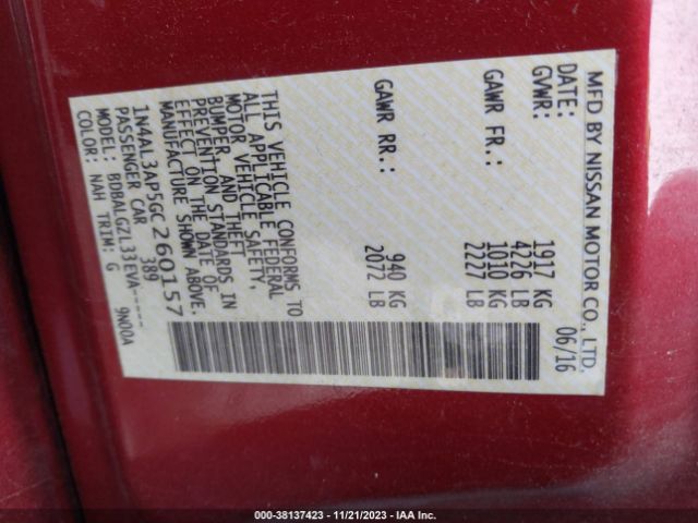 1N4AL3AP5GC260157 Nissan Altima 2.5/2.5 S/2.5 Sl