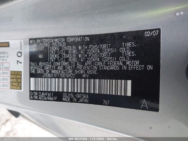 2007 TOYOTA FJ CRUISER VIN: JTEBU11F170076922