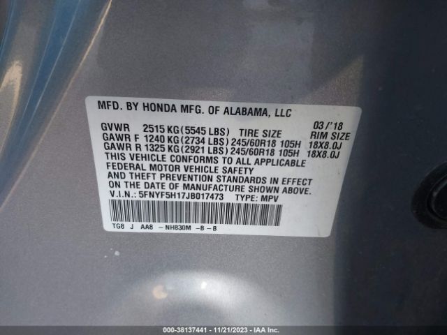 5FNYF5H17JB017473 Honda PILOT LX