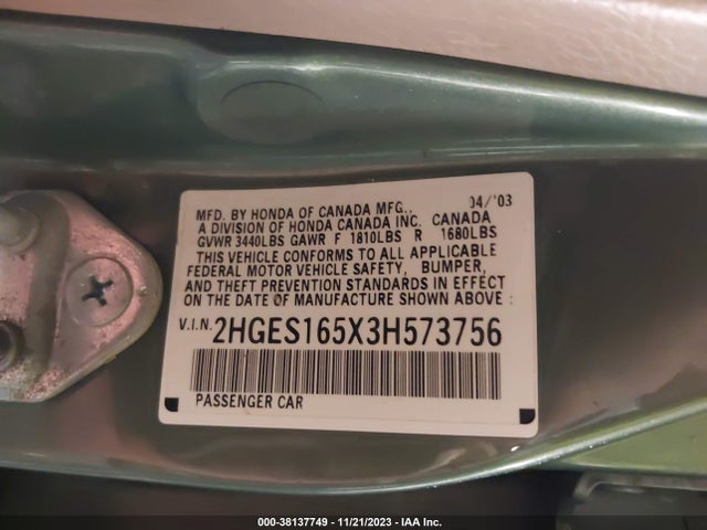 2003 HONDA CIVIC LX VIN: 2HGES165X3H573756