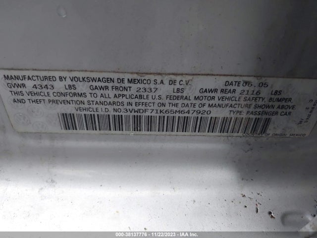 2005 VOLKSWAGEN JETTA 2.5 VIN: 3VWDF71K65M647920