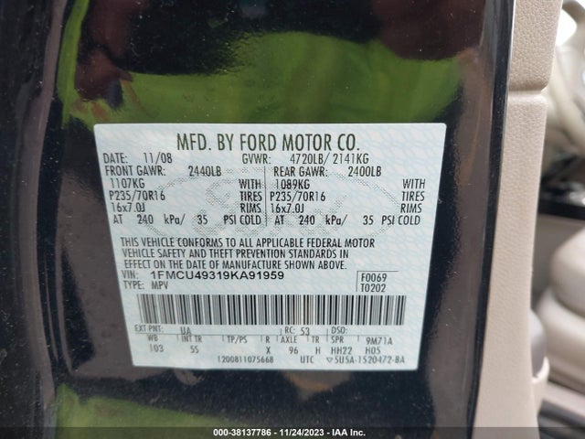 2009 FORD ESCAPE HYBRID LIMITED VIN: 1FMCU49319KA91959