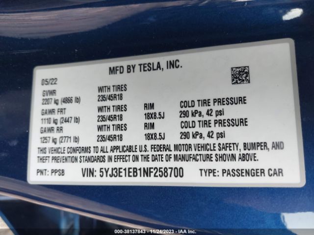 2022 TESLA MODEL 3 5YJ3E1EB1NF258700 Photo 8