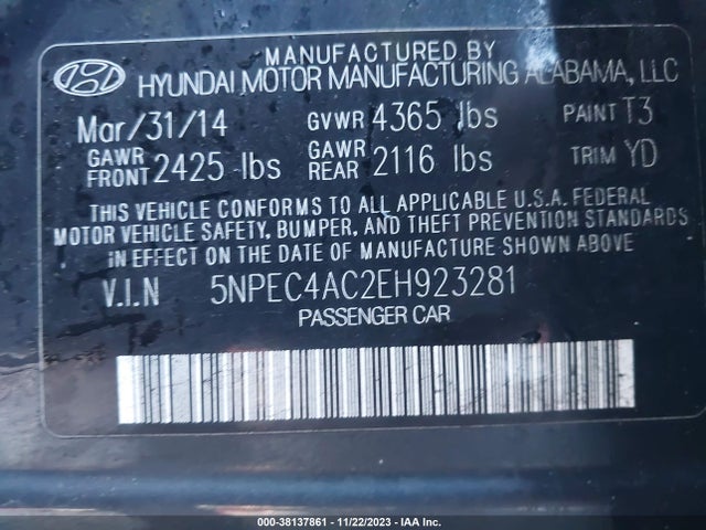 2014 HYUNDAI SONATA LIMITED VIN: 5NPEC4AC2EH923281