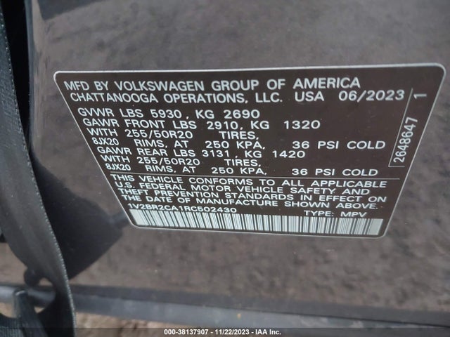 1V2BR2CA1RC502430 Volkswagen Atlas 2.0t Sel