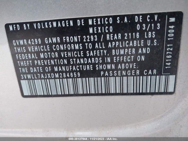 2013 VOLKSWAGEN JETTA 2.0L TDI VIN: 3VWLL7AJXDM284659