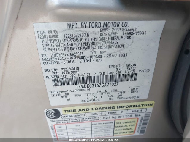 2007 FORD FREESTYLE LIMITED VIN: 1FMDK03167GA21027