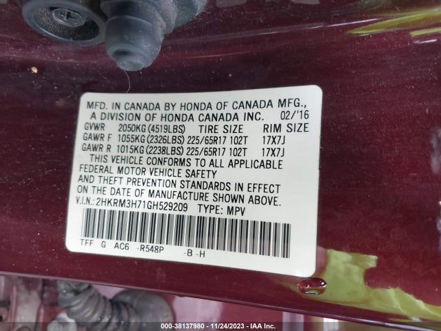 Honda Cr-v Ex-l 2016 2HKRM3H71GH529209 Image 9
