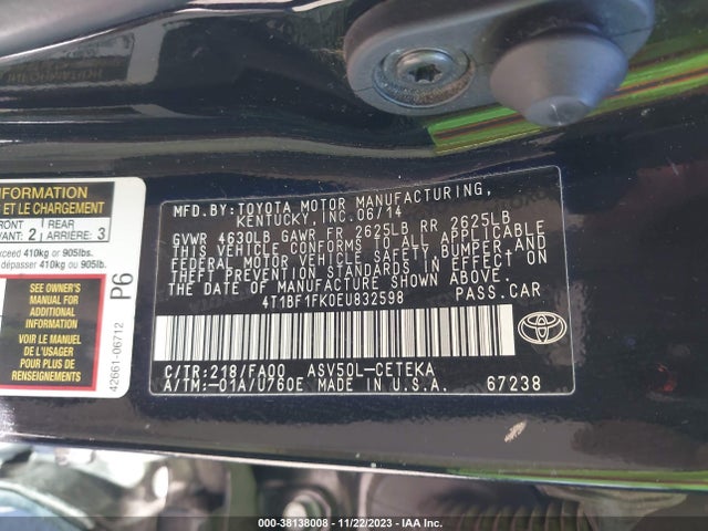 2014 TOYOTA CAMRY L VIN: 4T1BF1FK0EU832598