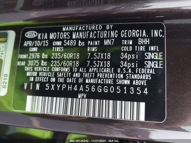 KIA Sorento 3.3l Ex 2016 5XYPH4A56GG051354 Image 9