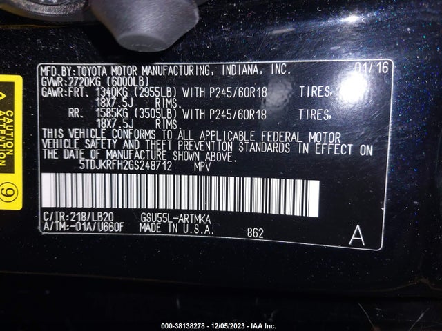 Toyota Highlander Xle V6 2016 5TDJKRFH2GS248712 Image 9