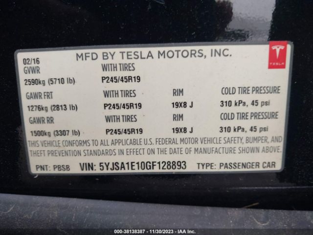 2016 TESLA MODEL S 5YJSA1E10GF128893 Photo 8