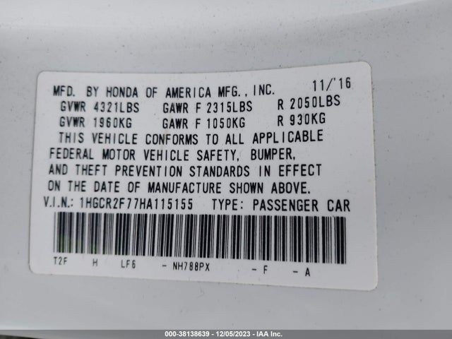 Honda ACCORD EX 2017 1HGCR2F77HA115155 Image 9