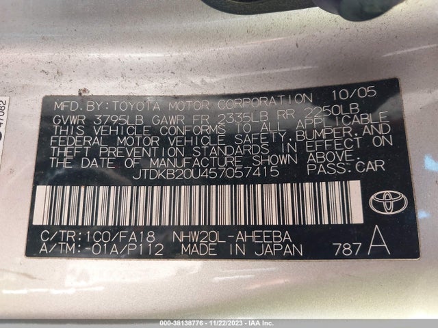 2005 TOYOTA PRIUS VIN: JTDKB20U457057415