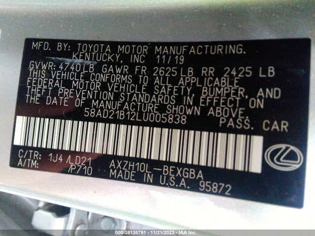 2020 LEXUS ES 300H VIN: 58AD21B12LU005838