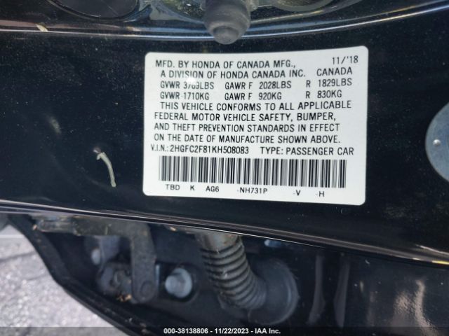 2HGFC2F81KH508083 Honda Civic Sedan Sport