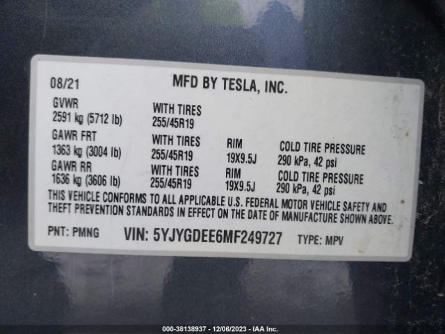 5YJYGDEE6MF249727 Tesla Model Y Long Range