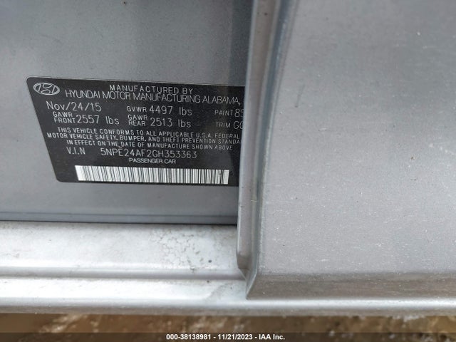 2016 HYUNDAI SONATA SE VIN: 5NPE24AF2GH353363