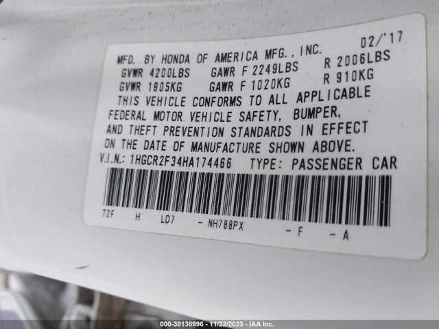 Honda ACCORD LX 2017 1HGCR2F34HA174466 Image 9