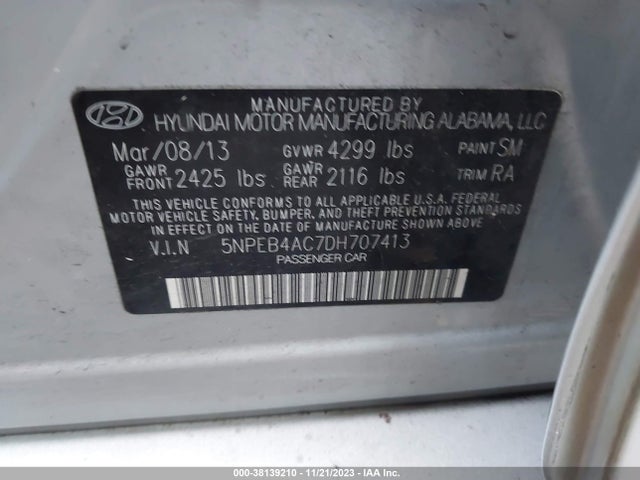 2013 HYUNDAI SONATA GLS VIN: 5NPEB4AC7DH707413