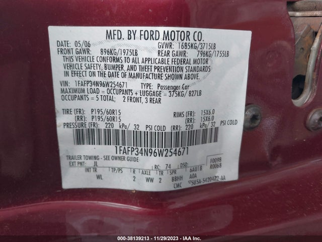 2006 FORD FOCUS ZX4 VIN: 1FAFP34N96W254671