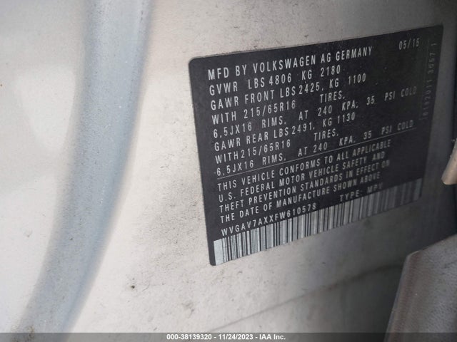 WVGAV7AXXFW610578 Volkswagen TIGUAN S
