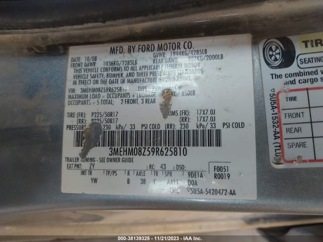 2009 MERCURY MILAN I4 PREMIER VIN: 3MEHM08Z59R625810
