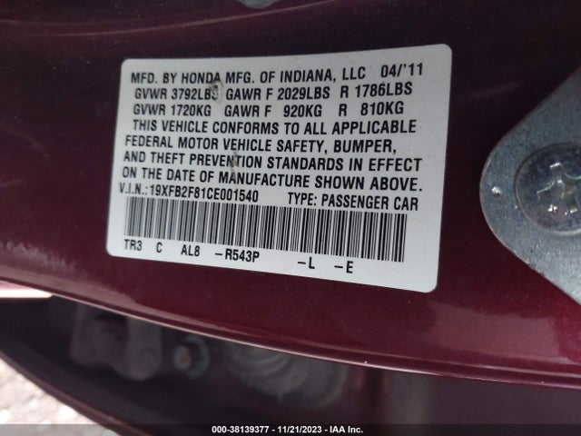 2012 HONDA CIVIC EX VIN: 19XFB2F81CE001540