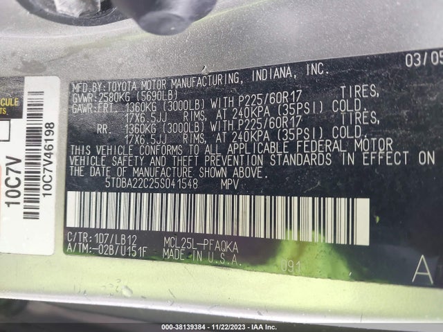 2005 TOYOTA SIENNA XLE VIN: 5TDBA22C25S041548