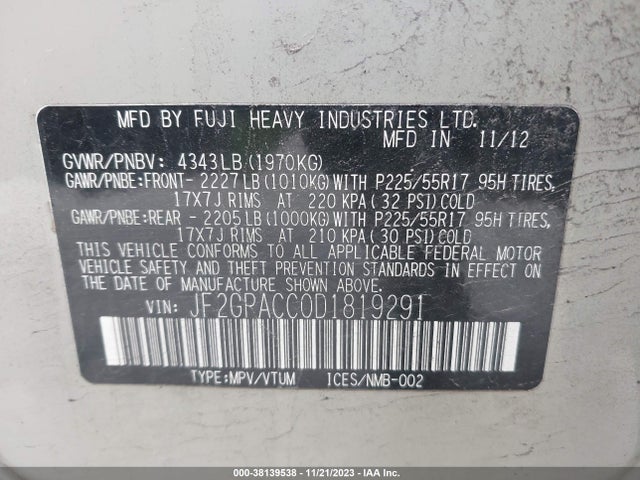 2013 SUBARU XV CROSSTREK 2.0I PREMIUM VIN: JF2GPACC0D1819291