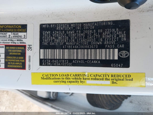 2009 TOYOTA CAMRY VIN: 4T1BE46K39U883670