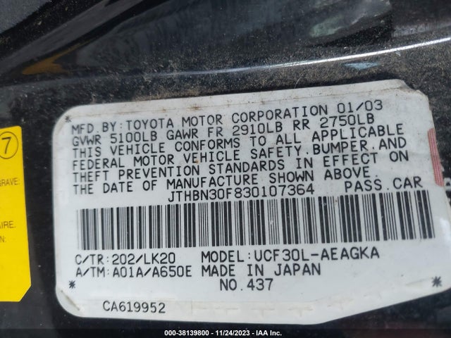 2003 LEXUS LS 430 VIN: JTHBN30F830107364