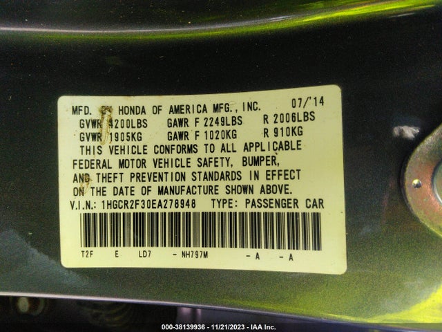 Honda ACCORD LX 2014 1HGCR2F30EA278948 Image 9