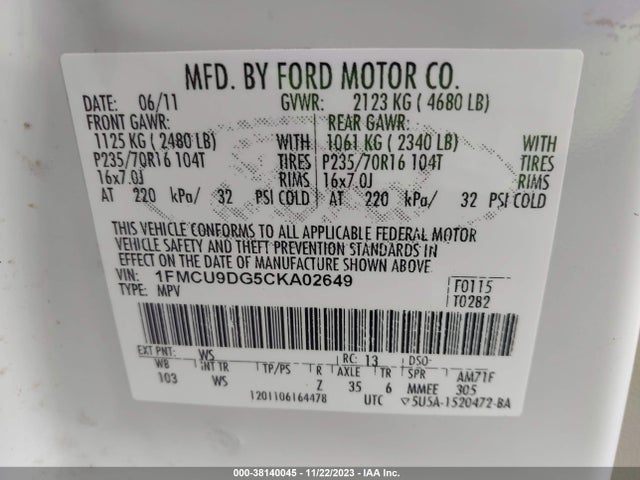 2012 FORD ESCAPE XLT VIN: 1FMCU9DG5CKA02649