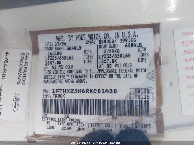 38140048 :رقم المزاد ، 1FTHX25H6RKC01430 vin ، 1994 Ford F250 مزاد بيع