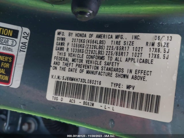 2013 HONDA CR-V EX-L VIN: 5J6RM4H7XDL080216
